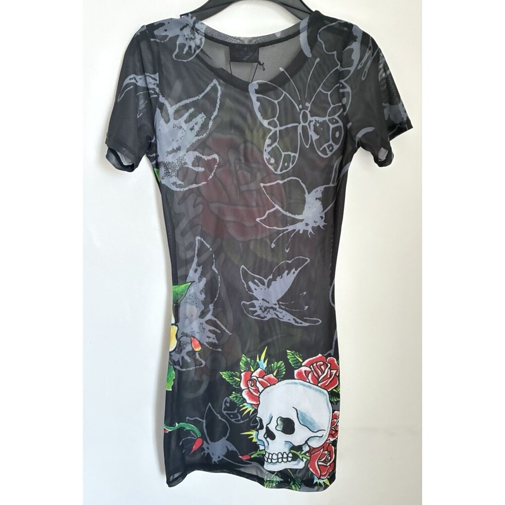 Ed Hardy Black Mesh Dress Cover Up Size XL Rose Graphic Tattoo Print NWT - Picture 7 of 7